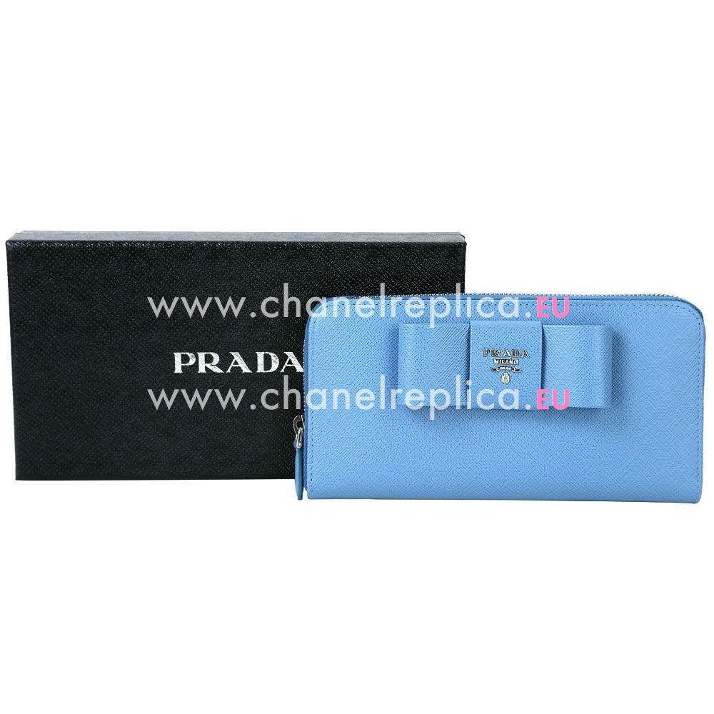 Prada Saffiano Fiocco Embossment Logo Cowhide Zipper Wallet In Water Blue PR61017016