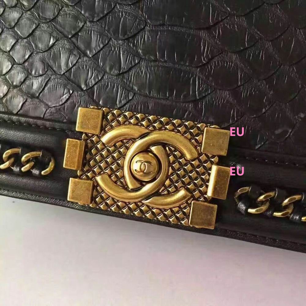 Chanel Python skin Medium Boy Bag Top Handle Cuprum Chain Bag Black CH73667