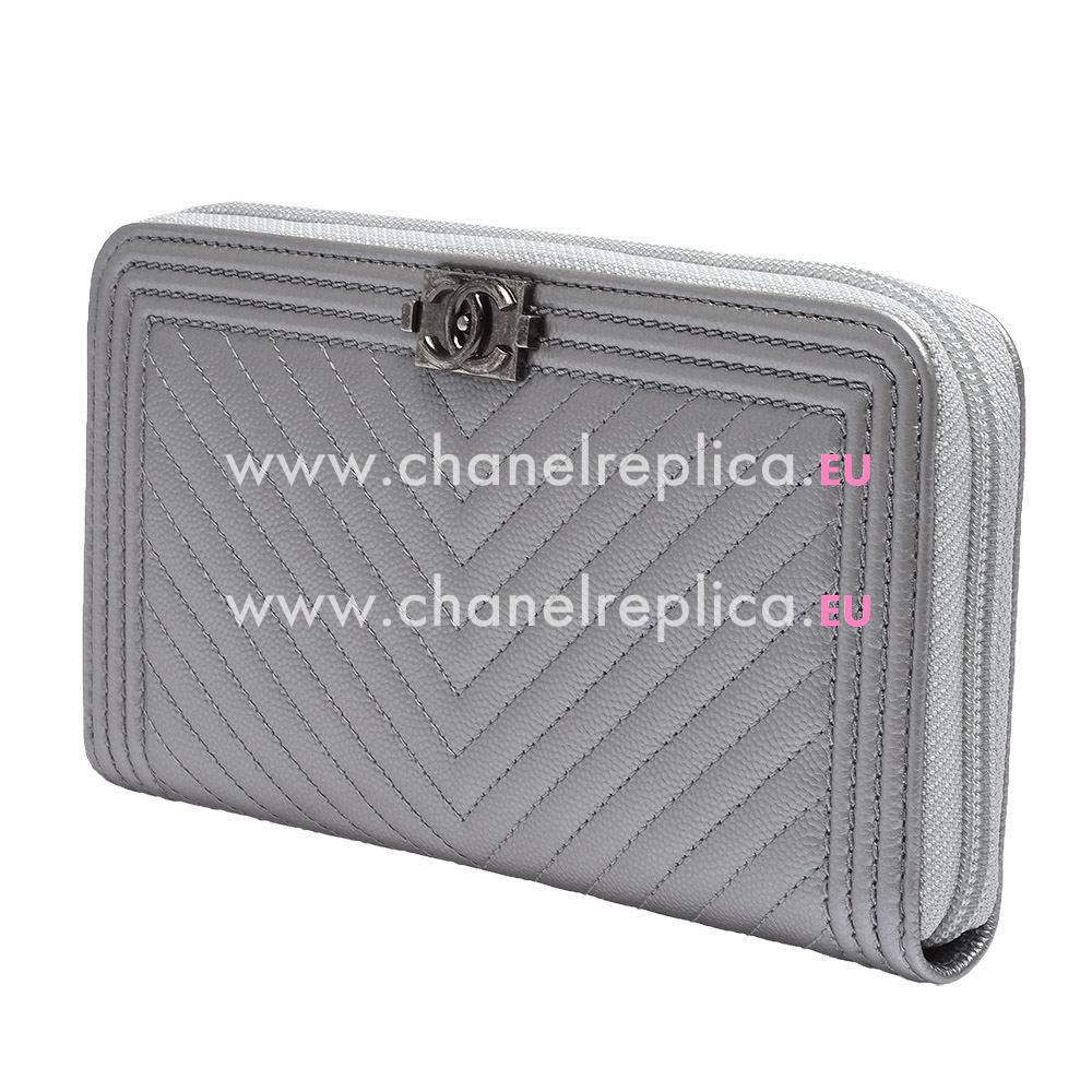 Chanel Caviar Chevron Anti-silver Lock Boy Zipper Wallet Silvery C59166