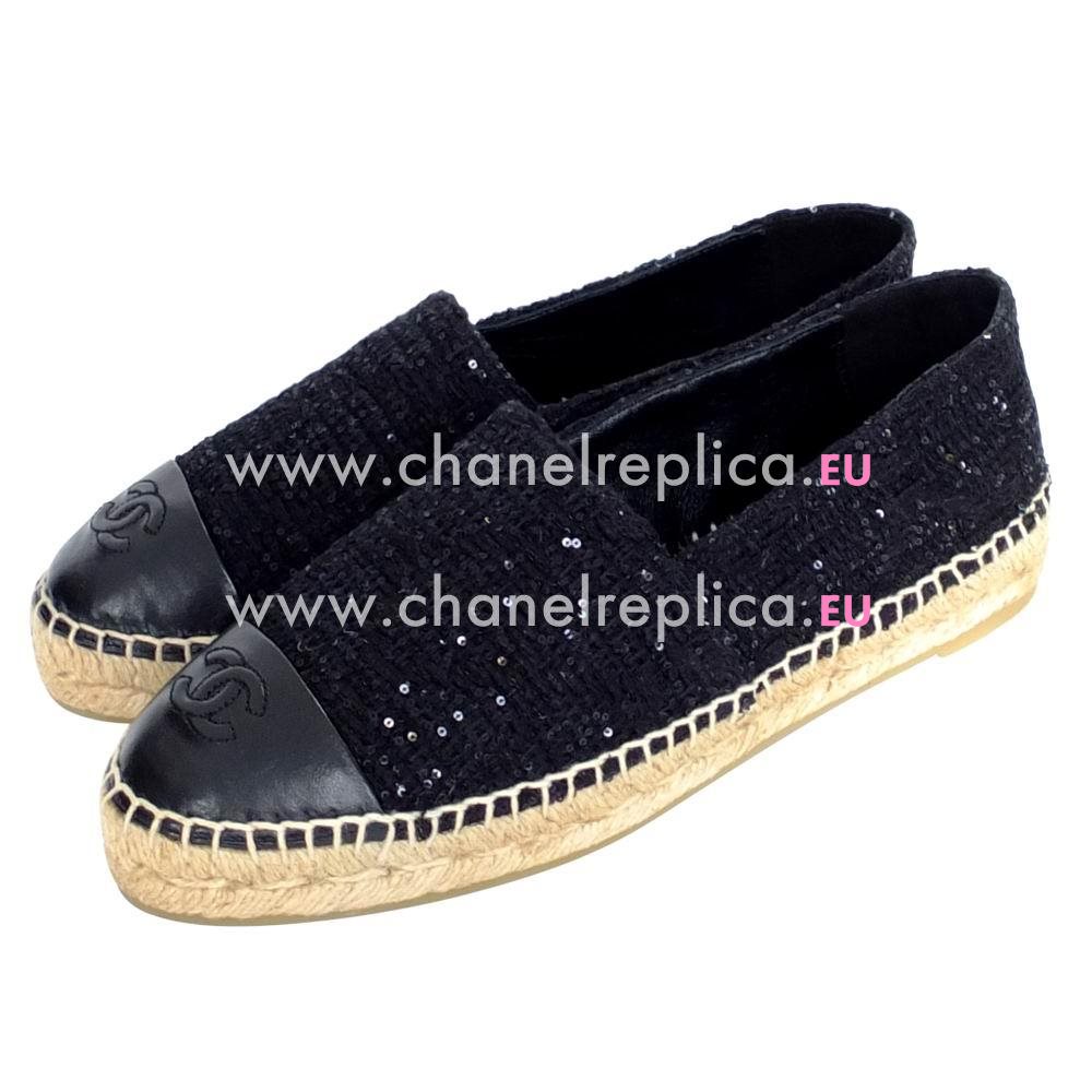 Chanel Classic Espadrilles Sheepskin CC Logo Shoes Black C7030109