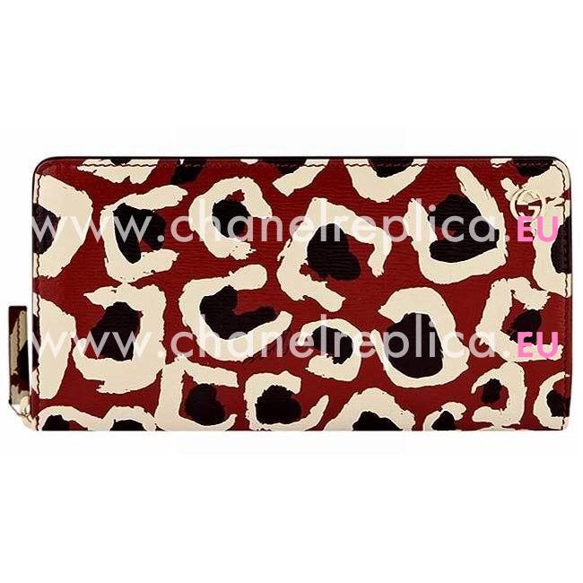 Gucci Leopard Print Calfskin Zipper Wallet In Red G7041105