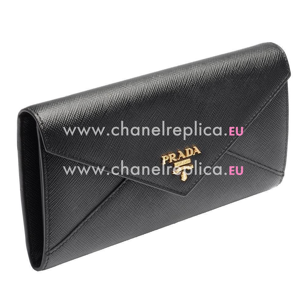 Prada Letter Gold Embossment Logo Cowhide Wallet In Black PR61017012