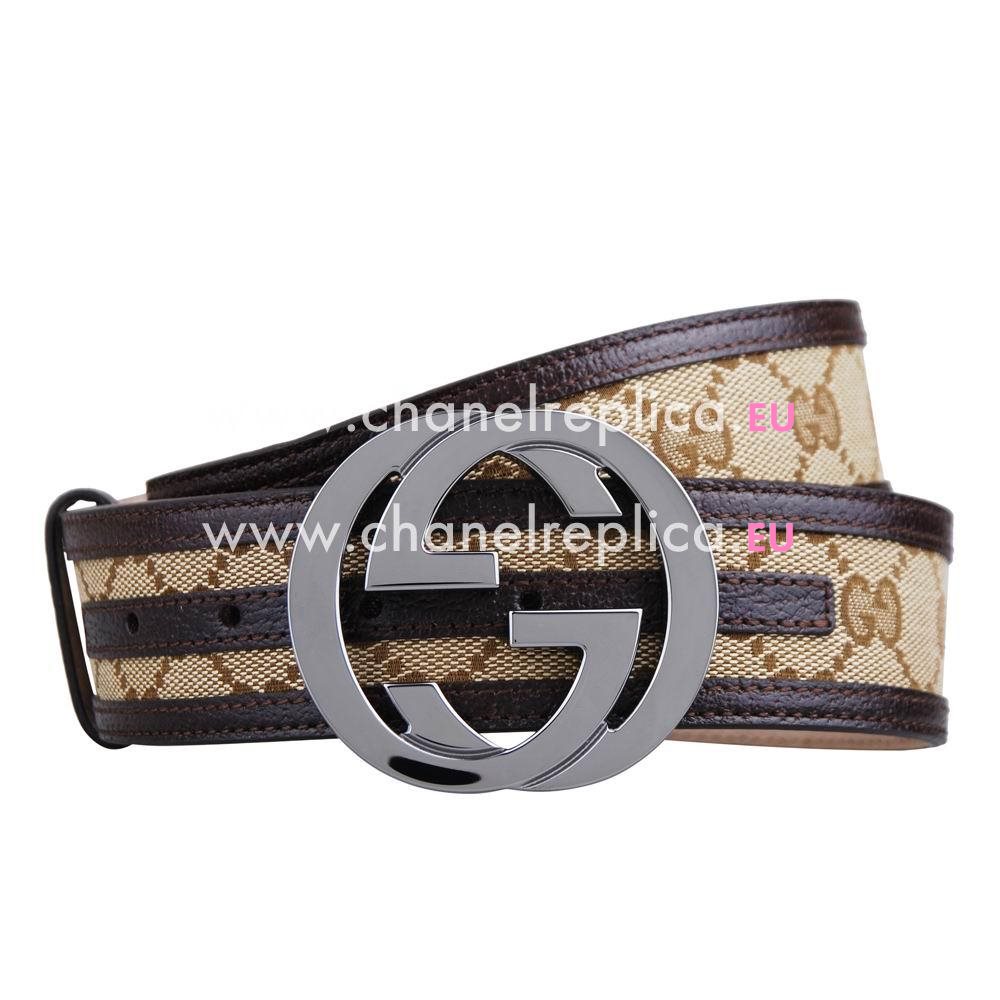 Gucci Classic Canvas-leather Silver Buckle Belt Beige Coffee G5320409