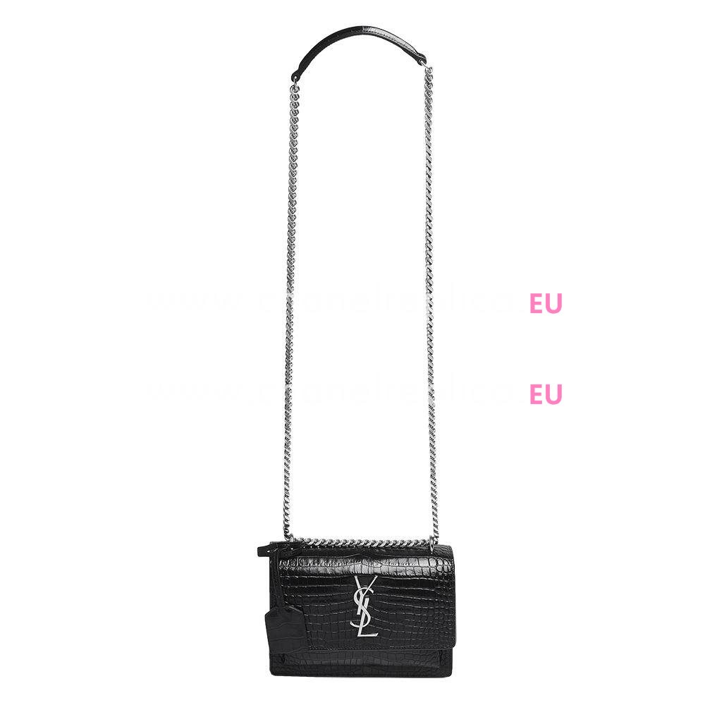 Yves Saint Laurent Silver Logo Crocodile Shoulder Bag Black YV947153