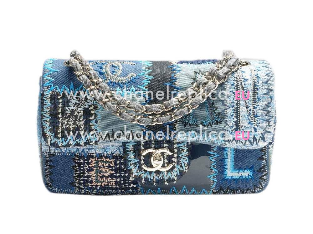 Chanel Denim Patchwork Flap Bag With Silver Chain (blue) A65468