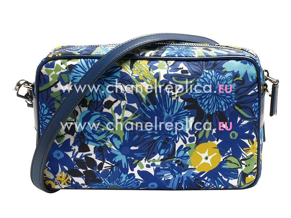 Prada Tessuto Stampat Triangle Logo Flower Calfskin Shoulder Bag RoyalBlue PR1BN58137