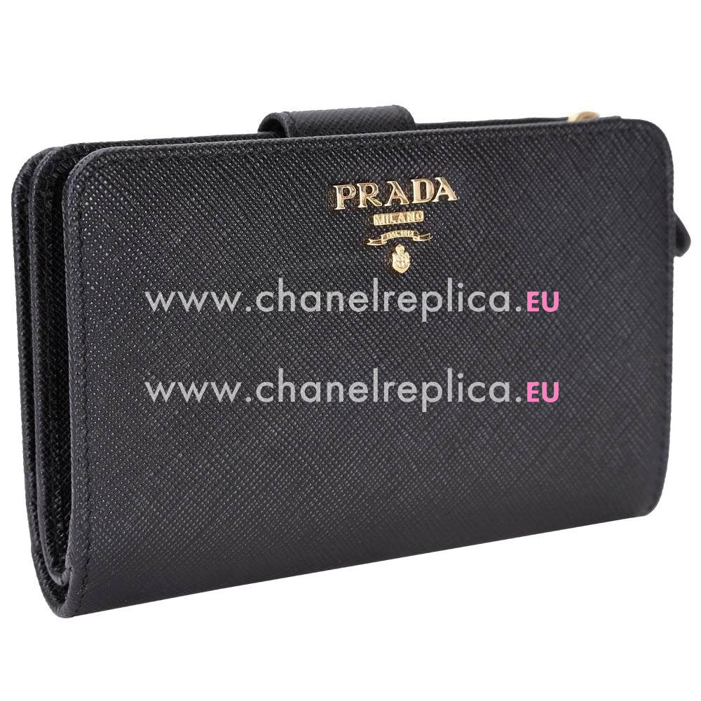 Prada Saffiano Embossment Logo Cowhide Zipper Wallet In Black PR61017031