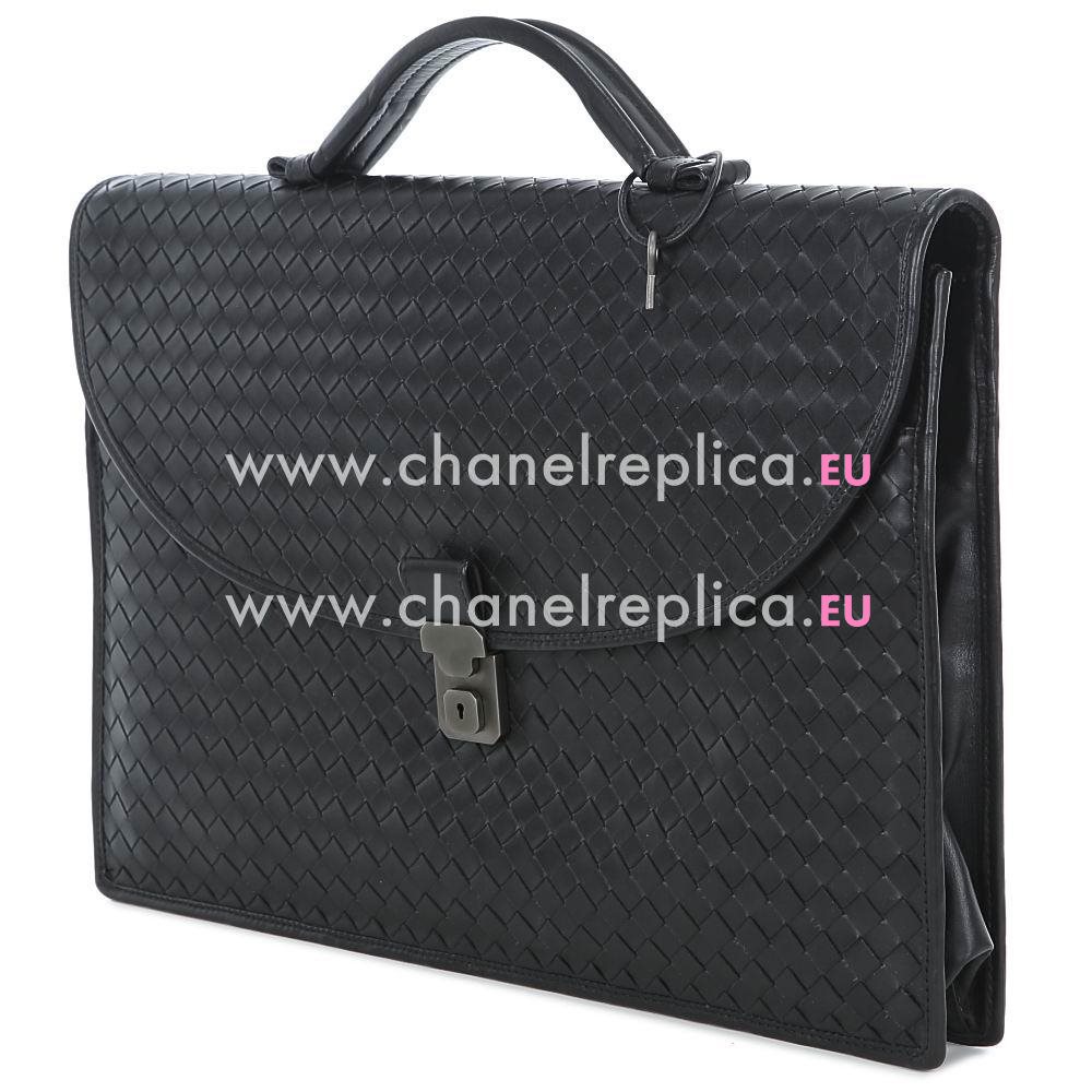 Bottega Veneta VN Calfskin Leather Woven Briefcase Gentry Black B5642226