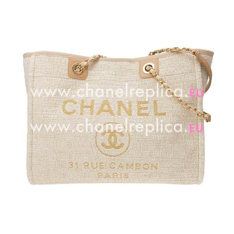 Chanel Beige Tweed Canvas Deauville Shop Tote Bag Gold Chain A67001CLTGOLD