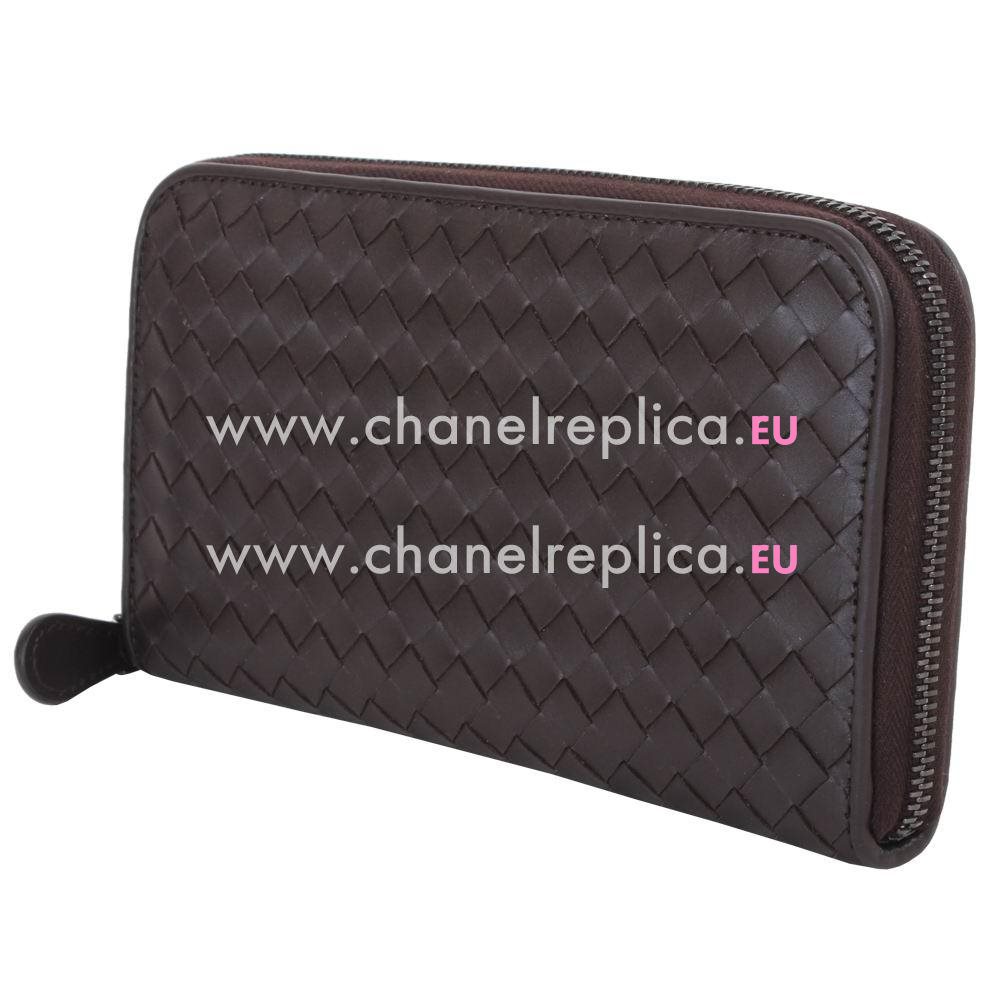 Bottega Veneta Classic Weave Zipper Nappa Wallet In Deep Coffee B6110715