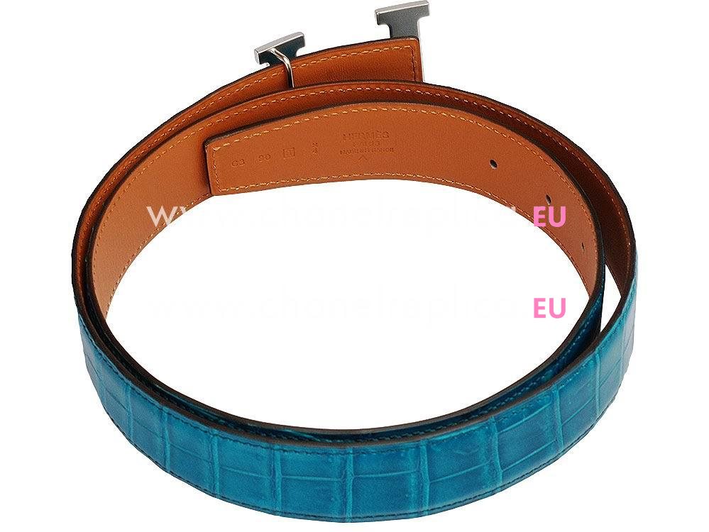 Hermes Big Silver H Logo Turkey Blue Crocodile Belt H535228