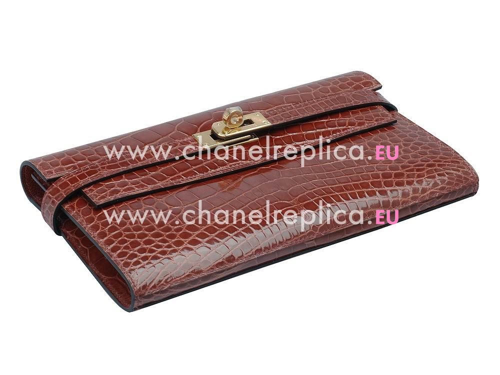 Hermes Crocodile Kelly Long Wallet Brick Red H49399