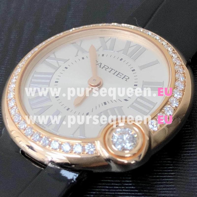 Cartier Ballon Blanc De Cartier Rose Gold/Diamond Case Black Crocodile Strap Watch WJBL0005