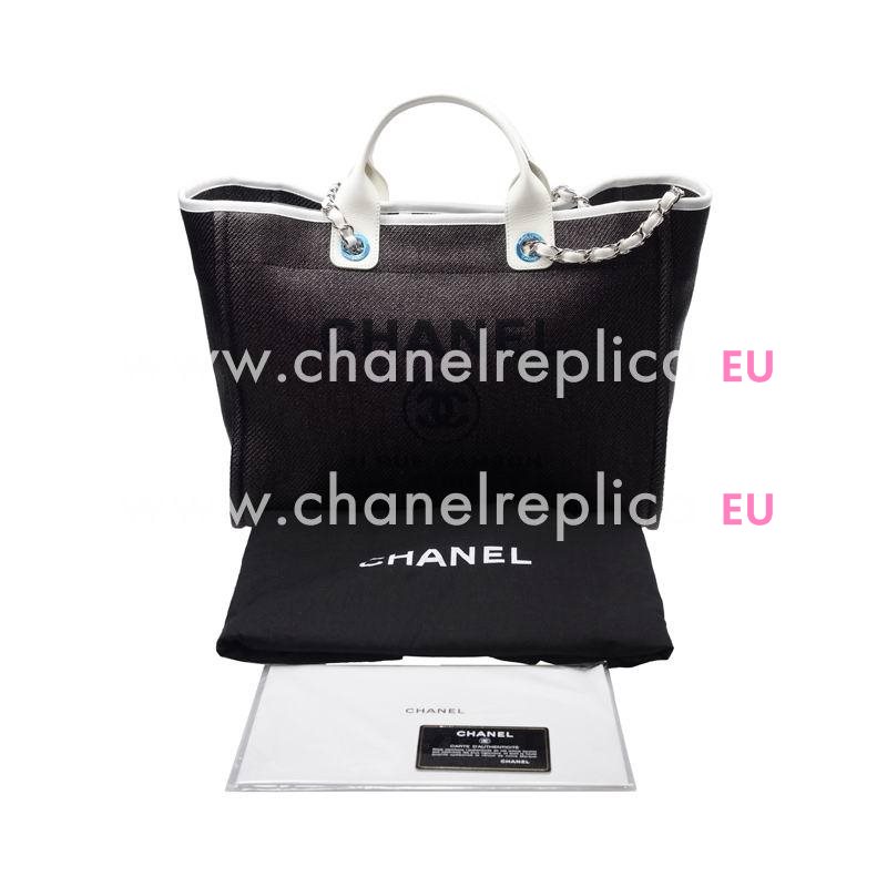 Chanel Deauville Double CC LOGO Denim Canvas Calfskin Silver Chain Bag A66941CLBRNWHT
