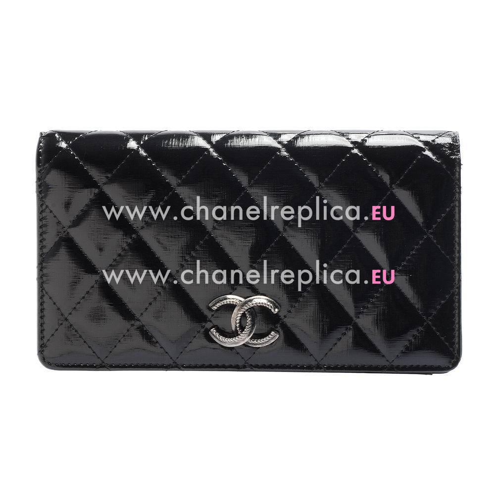 Chanel Patent Three-dimensional Relief Silver CC Long Wallet Black A957343