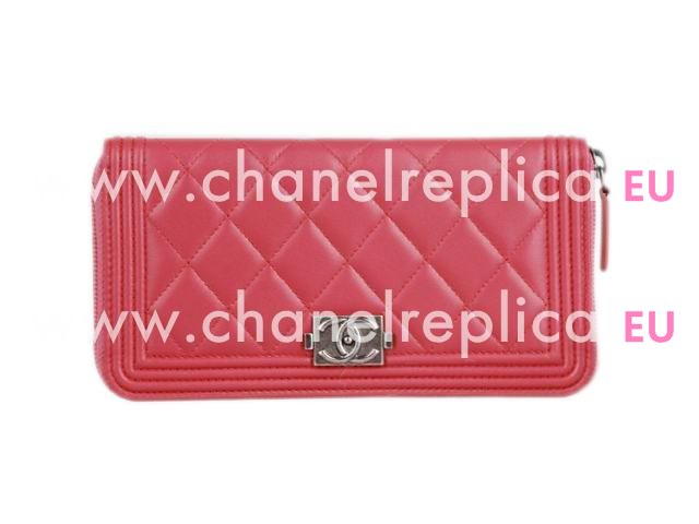 Chanel Boy Lambskin Antique-Silver Zipper Wallet Peach-Red A40037