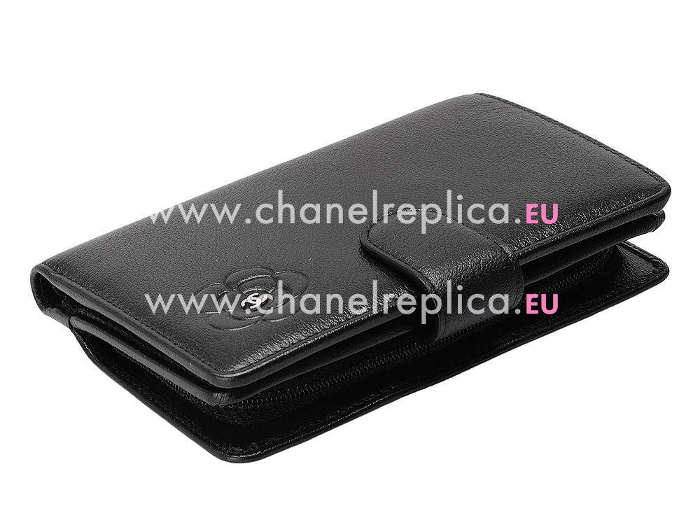 Chanel Lambskin Camellia Silver CC Wallet Black C74445