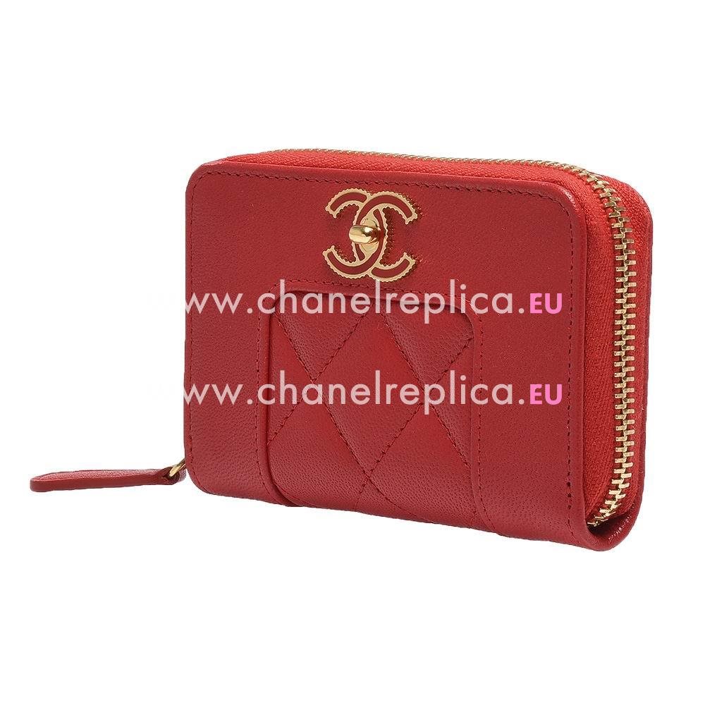 Chanel Classic Anti Silvery CC Logo Calfskin Rhombus Zipper Change Purse Red C6111111