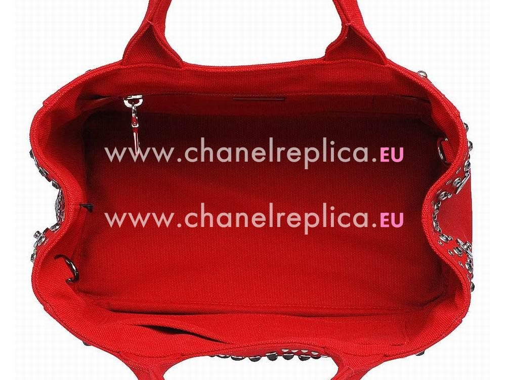 Prada Canapa Emboss Logo Denim Shoulder Bag Rose Red BN57339