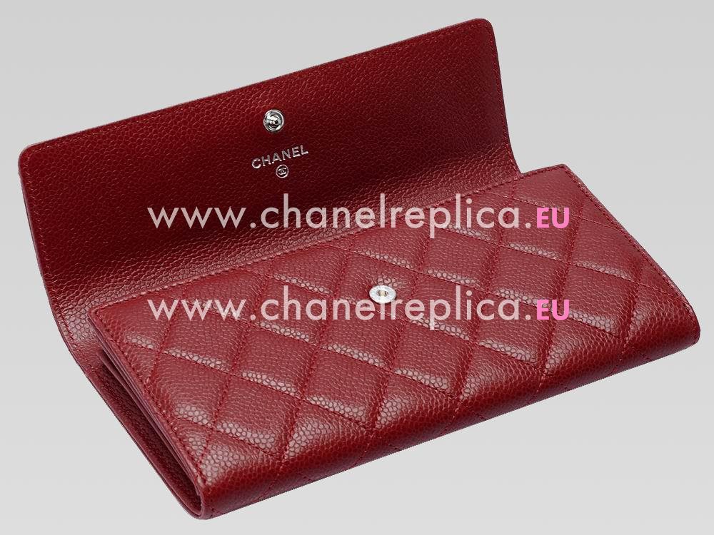 Chanel Caviar Silver CC Long Wallet Dark Red A51878