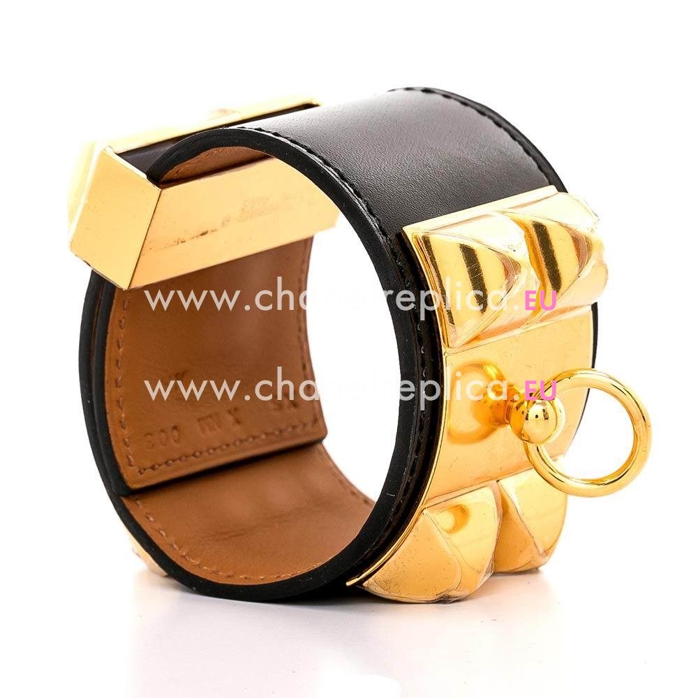 Hermes Collier de Chien Leather Alloy R-Bracelet Black/Gold H7021708