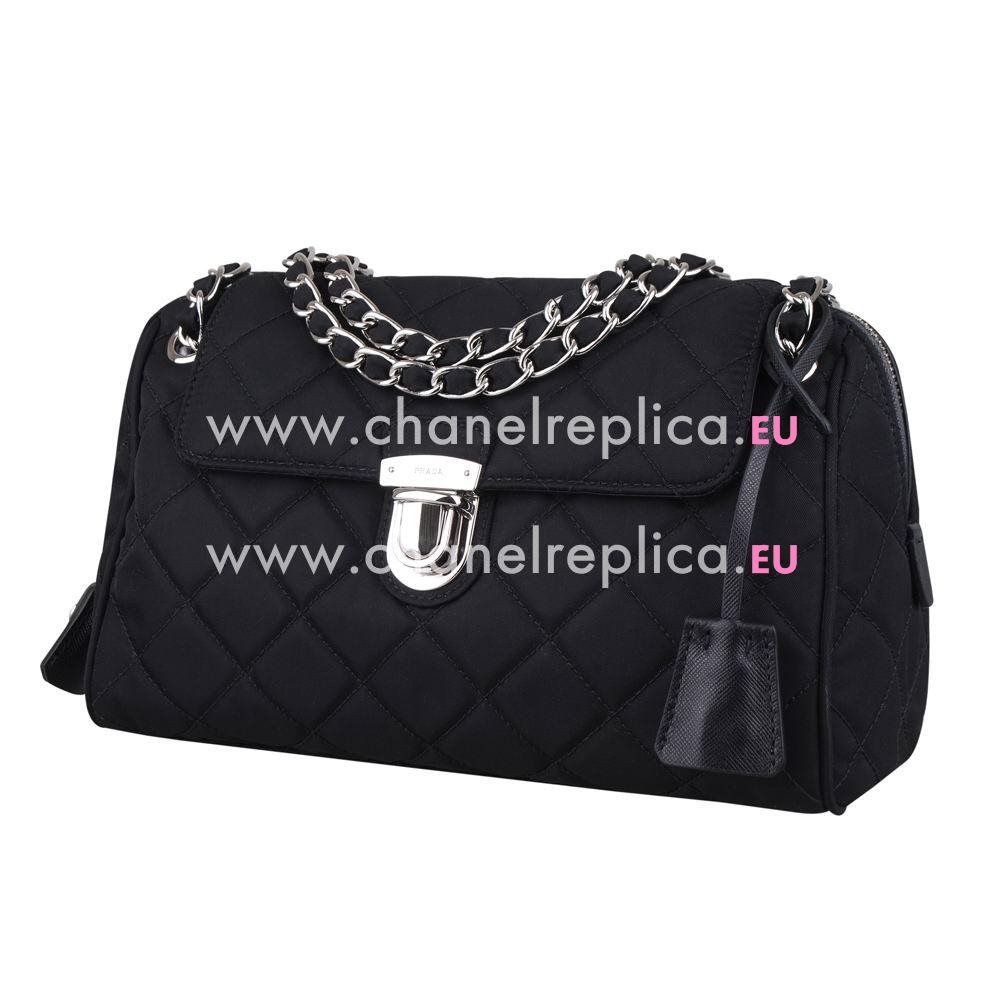 Prada Teaauto Saffiano Rhombic Nylon Chain Shoulder Bag Black PR465548