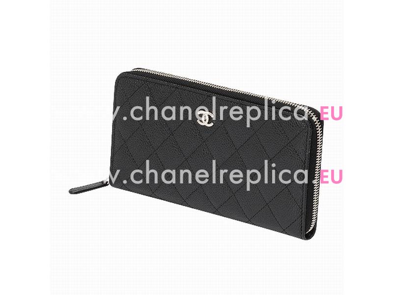 Chanel Caviar CC Logo Long Wallet Black Silver A49983