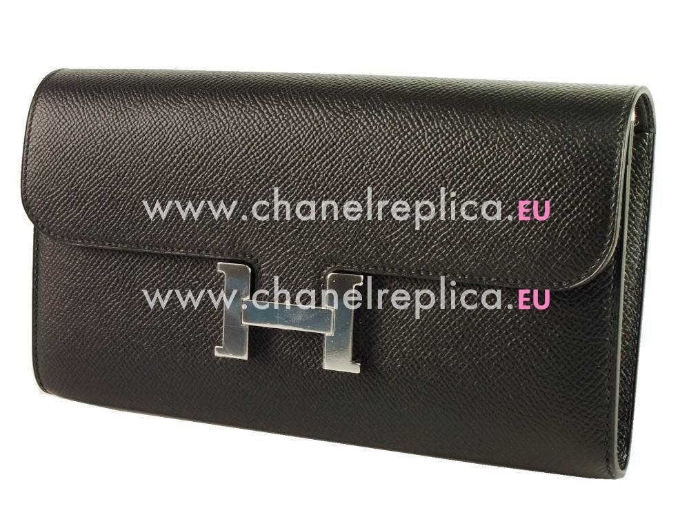 Hermes Kelly Epsom Leather Long Wallet Silvery Hardware Black H3569845