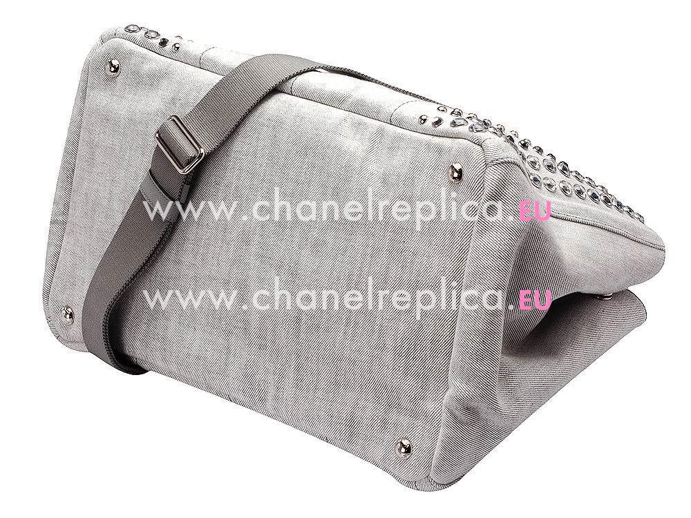 Prada Canapa Stampata Printing Logo Denim Canvas Bag Light Gray PR521217