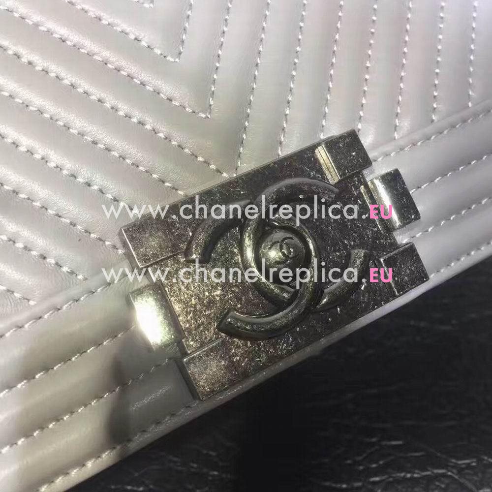 CHANEL Boy V Lines Cuprum Anti Silvery Hardware Sheepskin Bag in White C7032206
