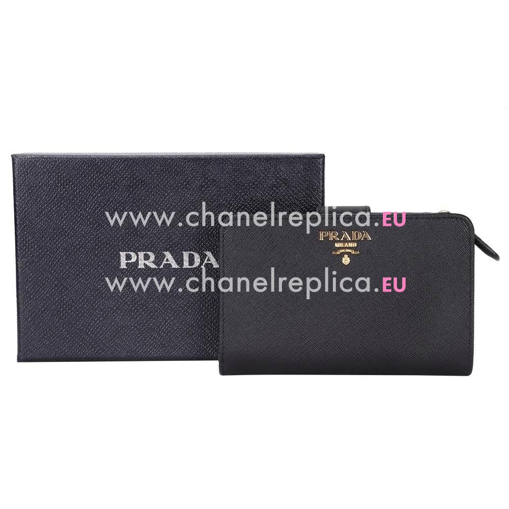 Prada Saffiano Embossment Logo Cowhide Zipper Wallet In Black PR61017031