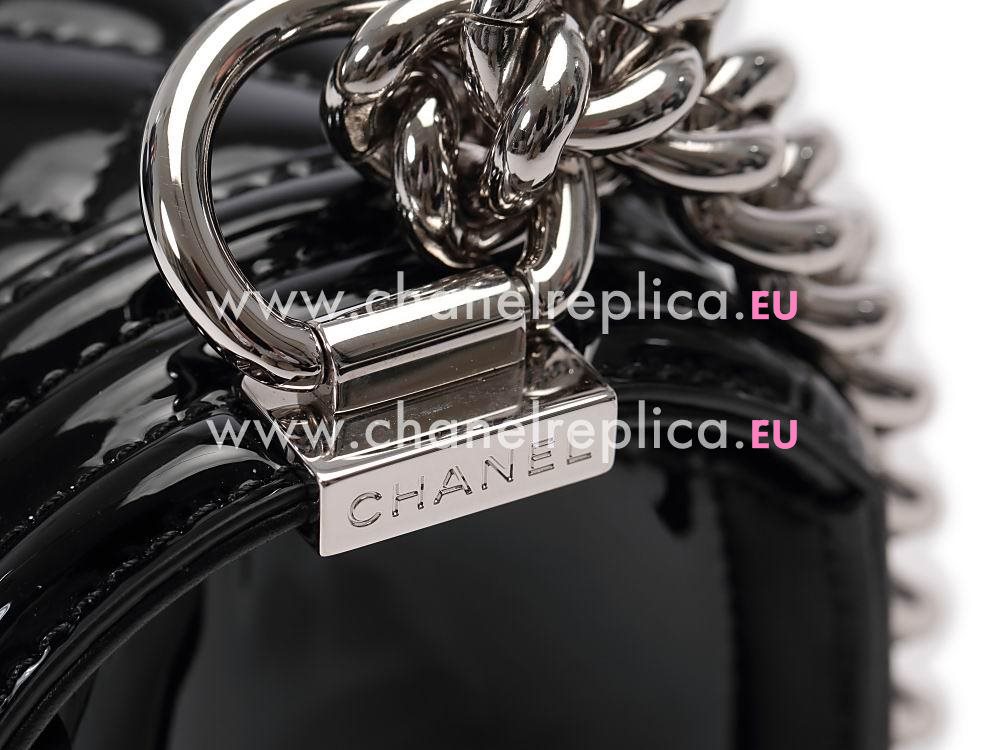 Chanel Patent Lambskin Silver Chain 28cm Boy Bag Black A92693