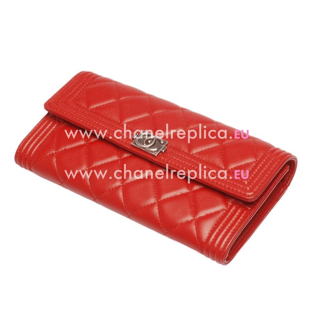 Chanel Lambskin Anti-silver Lock 3Layers Boy Long Wallet Red C810828