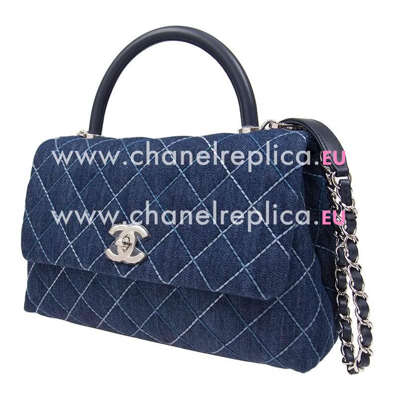 Chanel Coco Flap Bag With Top Handle Silver Chain In Blue A92991CLBLUESS