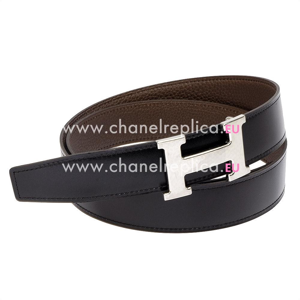 Hermes Silver H Buckle Choclate Black Calfskin Two-sided Belt H56N66