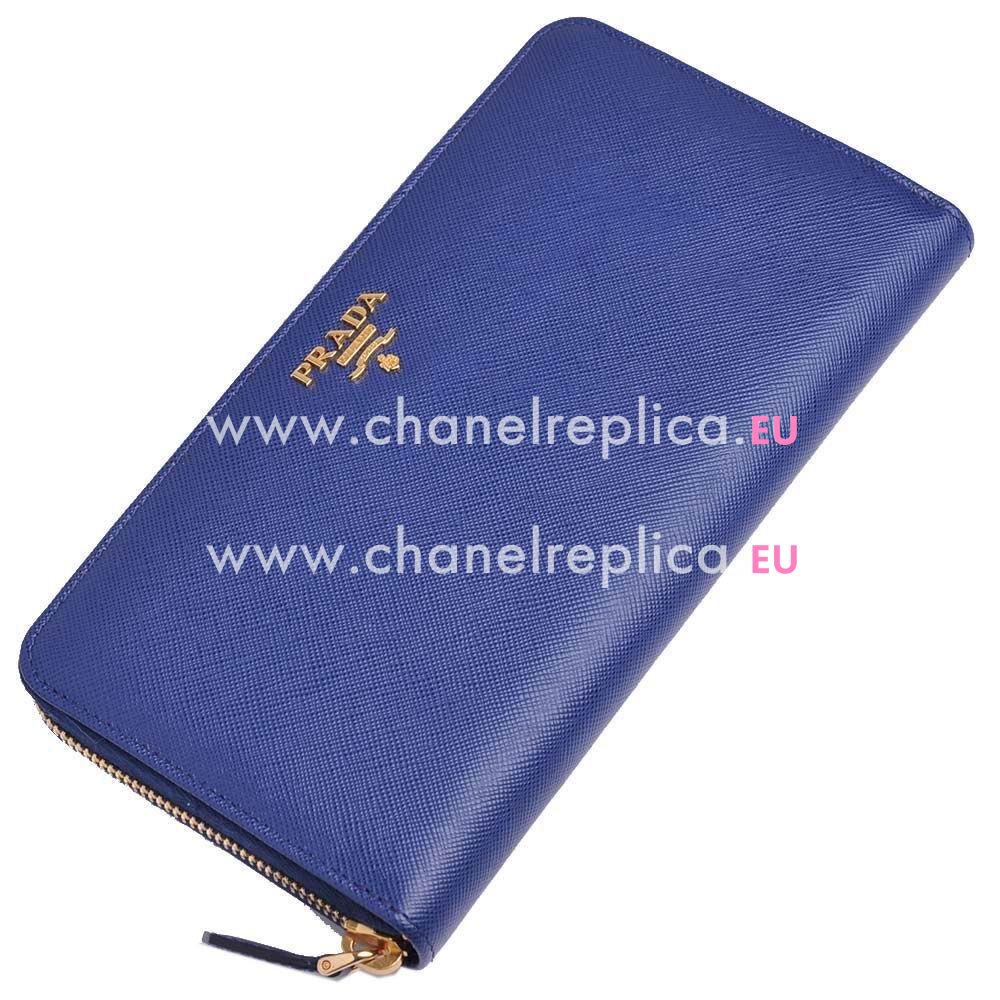 Prada Saffiano Gold Embossment Logo Cowhide Zipper Wallet In Blue PR61017036