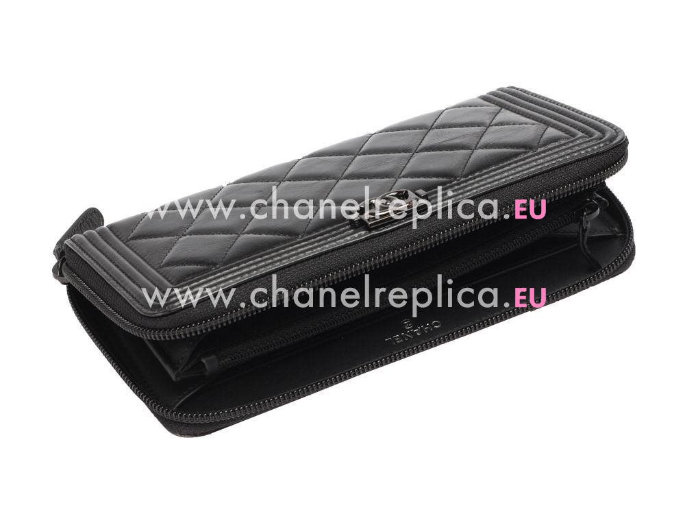 Chanel Shiny Calfskin Black Lock Boy Zipper Wallet Black C585702