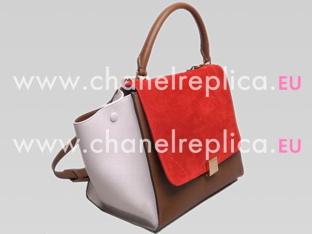 Celine Trapeze Calfskin Chamois Bag Red/Coffee/White C394267
