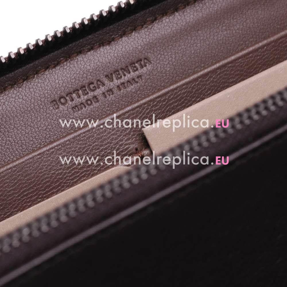 Bottega Veneta Classic Weave Zipper Leather Wallet In Coffee B6110718