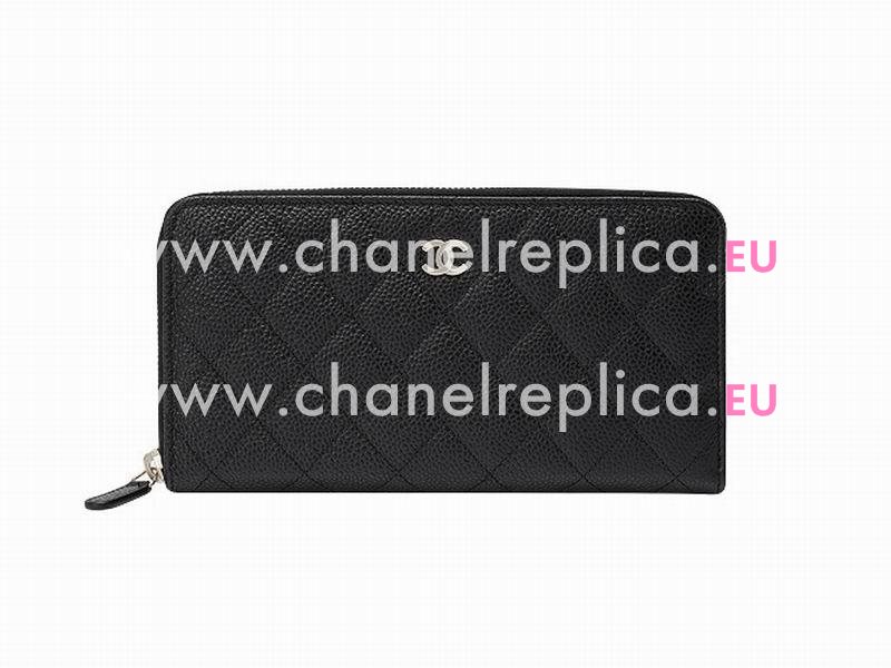 Chanel Caviar CC Logo Long Wallet Black Silver A49983