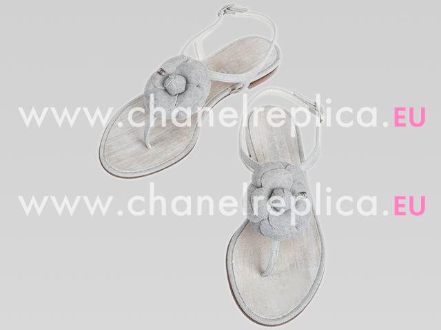 Chanel Golden CC Denim Camellia Sandals In Gray CH44281
