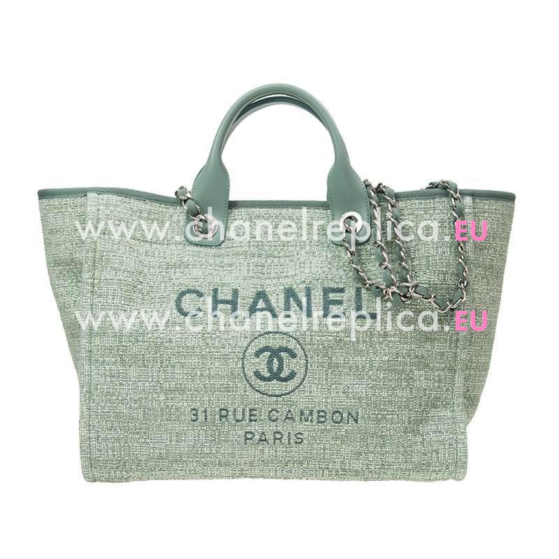 Chanel Deauville Double CC LOGO Denim Canvas Calfskin Silver Chain Bag A66941TDGREEN