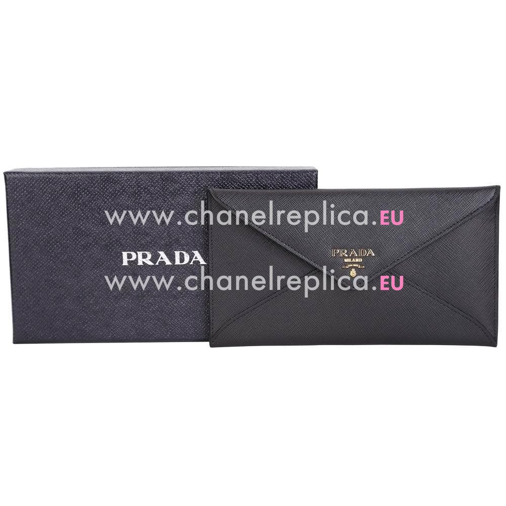 Prada Letter Embossment Logo Cowhide Wallet In Black PR61018021