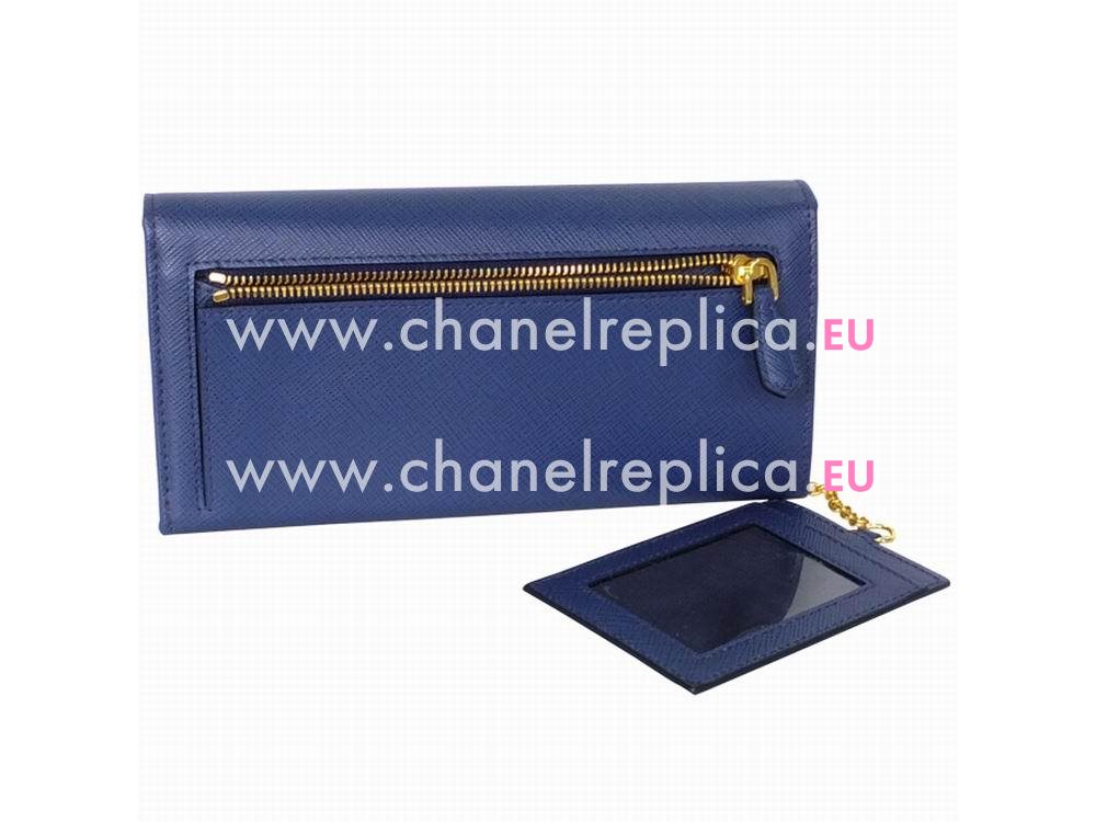 Prada Saffiano Triangle Embossment Logo Cowhide Wallet In Deep Blue PR59F569