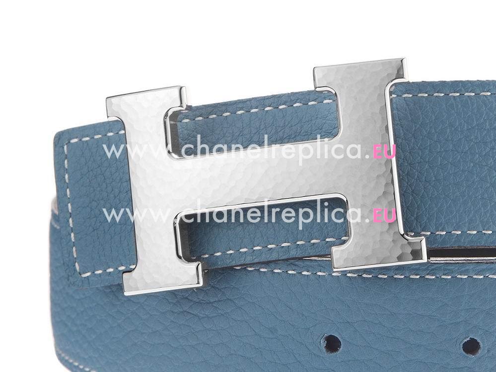 Hermes Fish-scale Silver H Black Box and Blue Togo Leahter Belt H456259