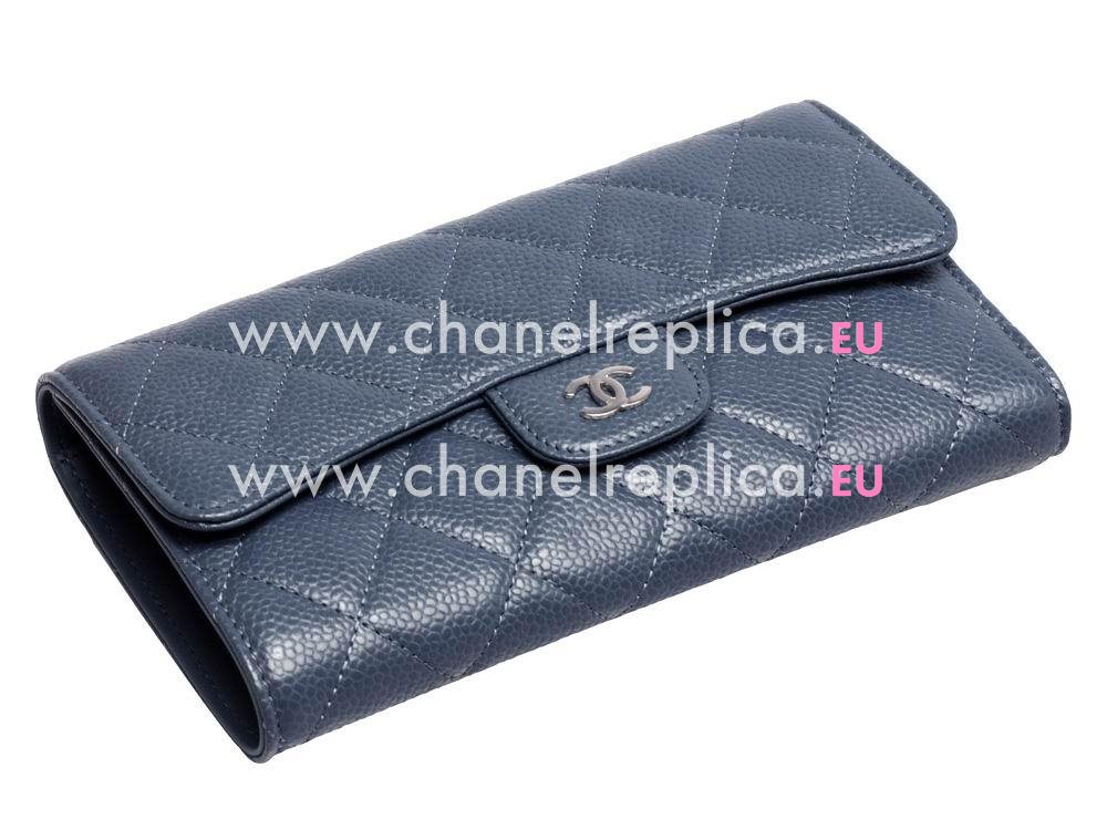Chanel Caviar Silver CC Long Wallet In Blue C31506-BS