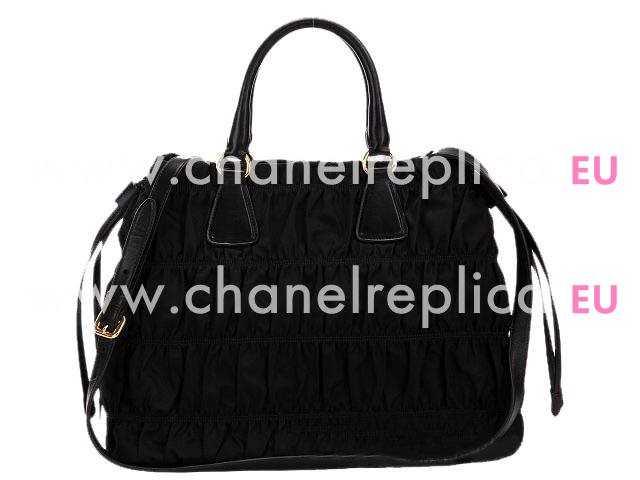 Prada Gaufre Nylon Large Ruffled Handbag In Black P420625