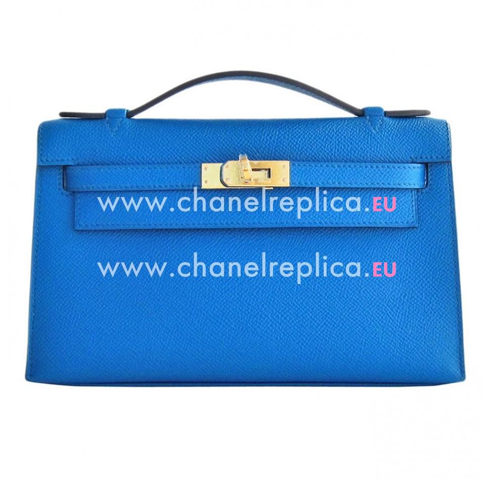 Hermes Kelly Mini Pochette Blue Izmir Epsom Gold Hardware Clutch Bag HK1022BIG