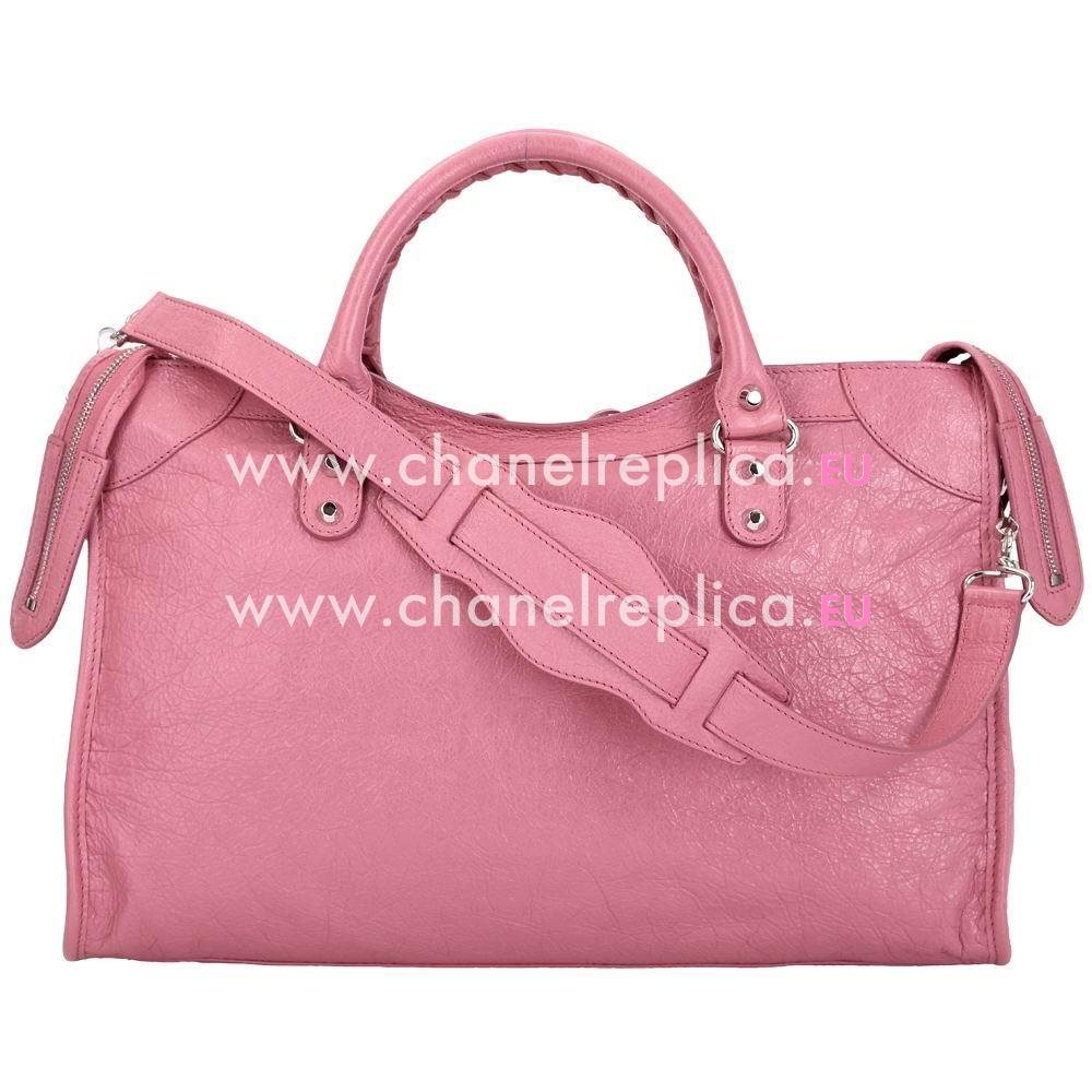 Balenciaga City Silvery Button Lambskin Motorcycle Bag Pink B7010607