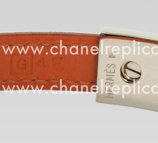 Hermes Matt Silver&Leather Bracelet In Orange HB2098
